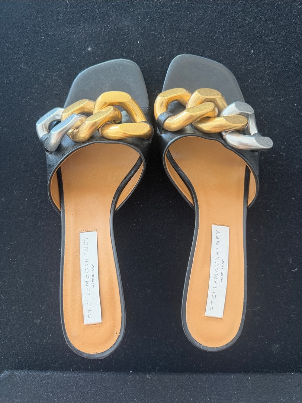 Stella McCartney Kitten Heel Open Toe Slides With Chunky Brass and Silver Chain
